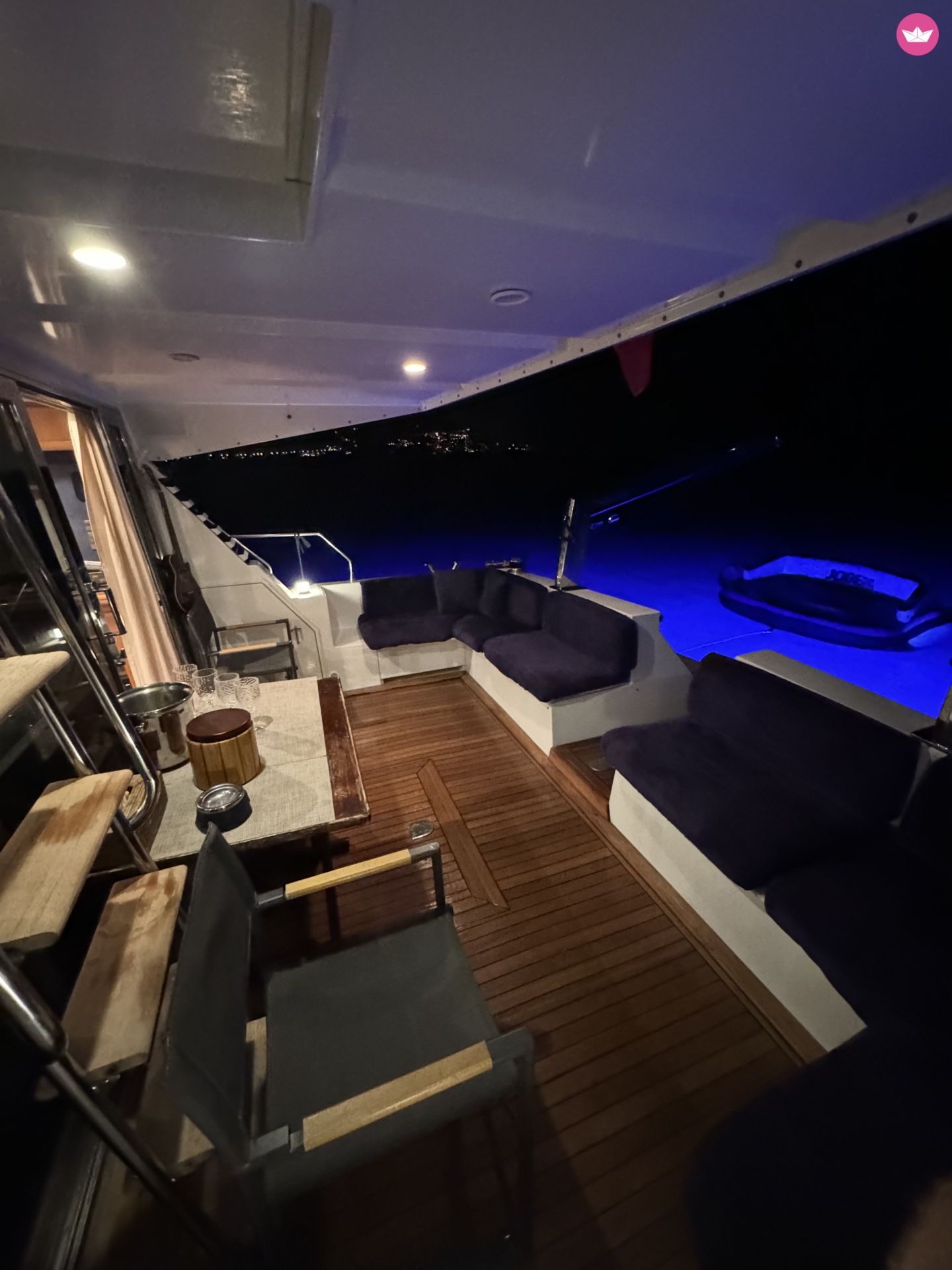 M/Y Gio aft deck lounge at night