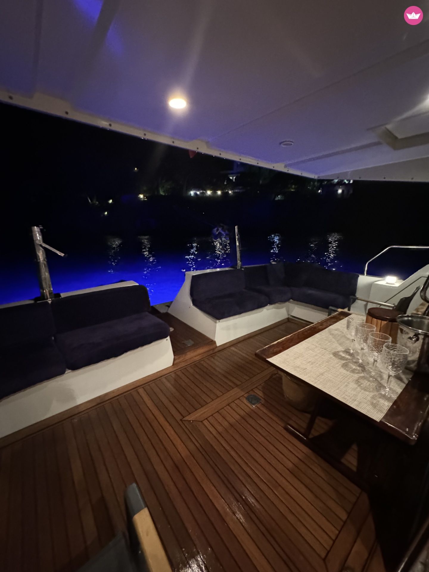M/Y Gio aft deck set for evening drinks
